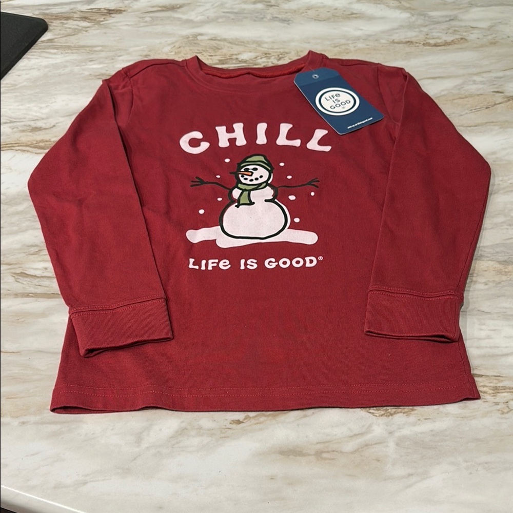 Life Is Good Red Long Sleeve Tee with Snowman Graphic